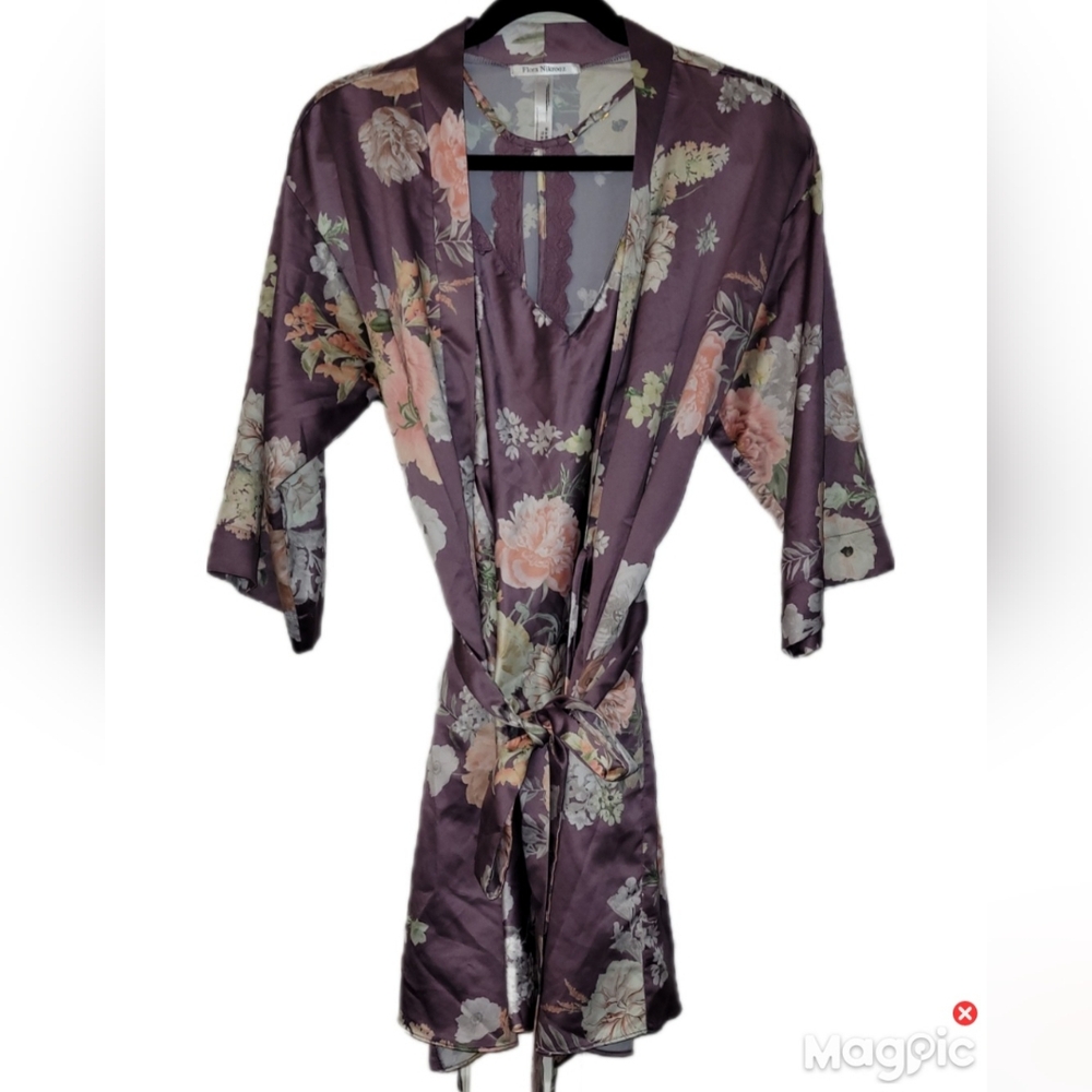 2 Piece Nickrooz Robe Gown Set Extra Small Purple Floral Sateen Romance Floral